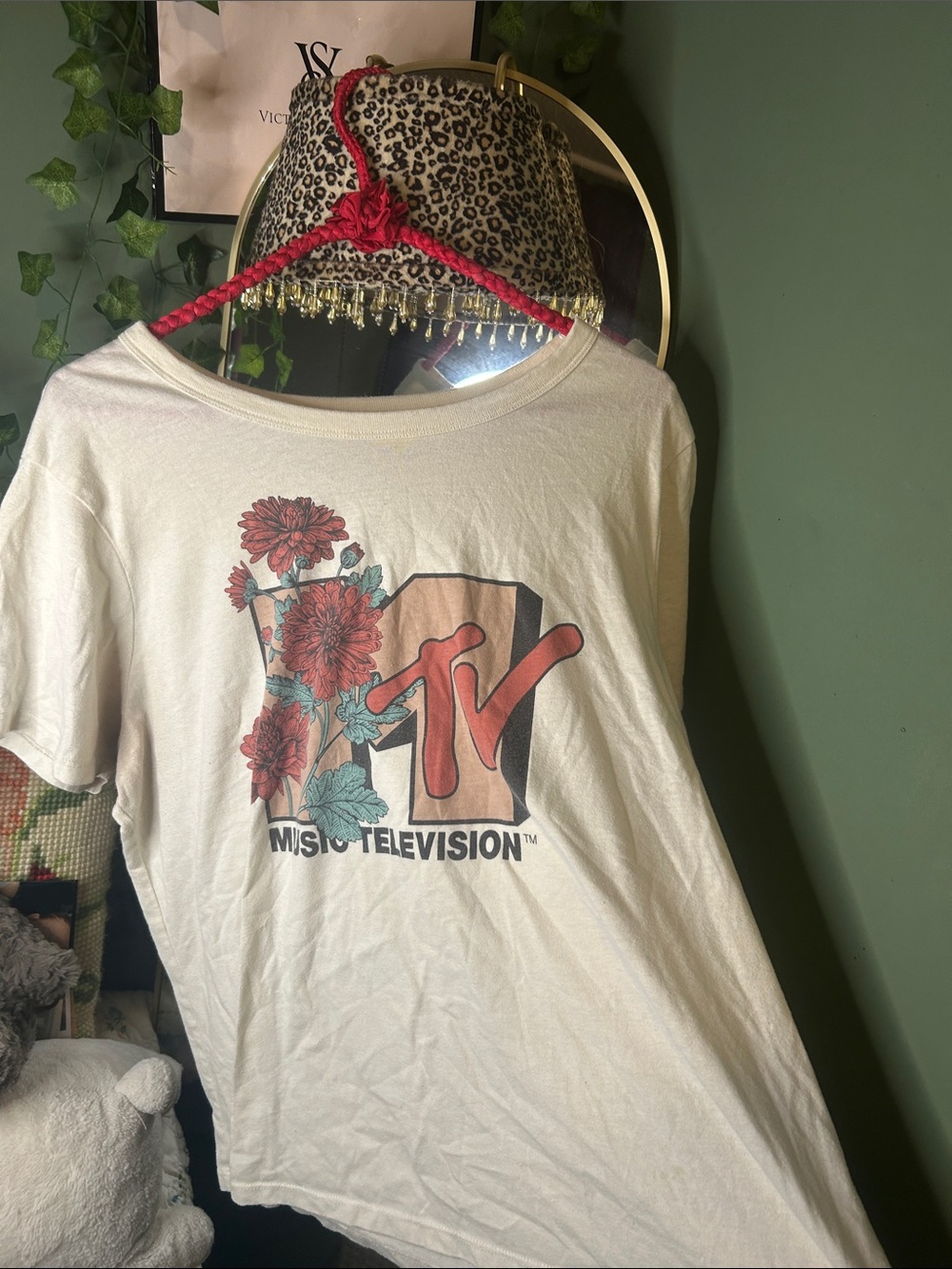 MTV Cream Tee with Red Floral Logo